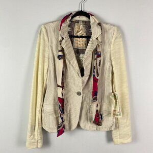 Striped Cream Blazer with Decorative Scarf Trim